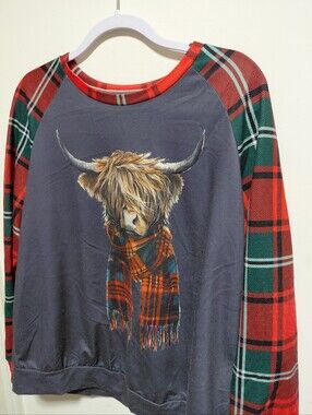 Womens  Plaid-Sleeve Graphic Raglan Sweatshirt - Grey & Red